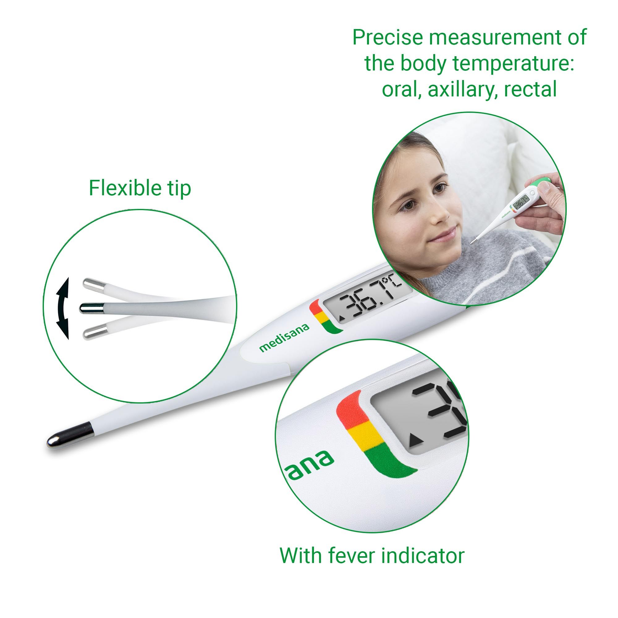 Digitales Thermometer mit flexibler Spitze, Fieberanzeige und Display mit 36,7°C. Marke: medisana.