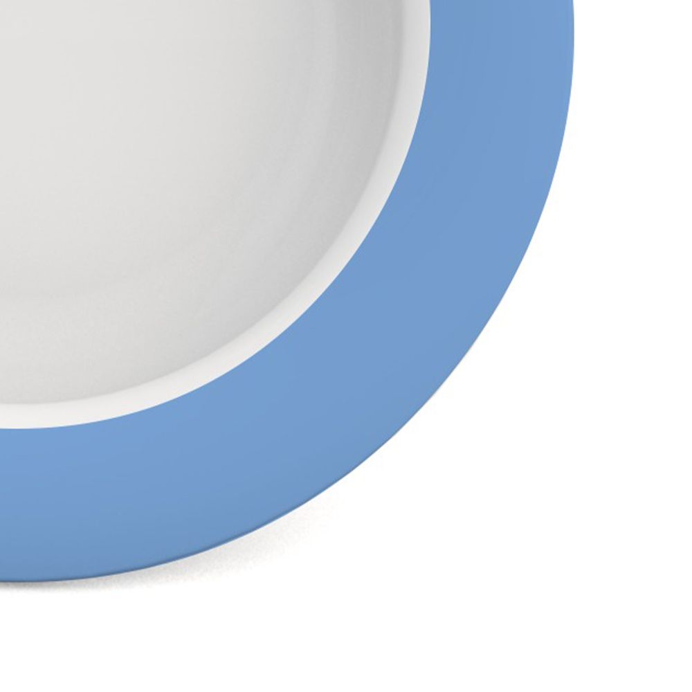 Ausschnitt: Blaue Schale mit weißem Innenraum. Runde Form, erhöhter Rand.