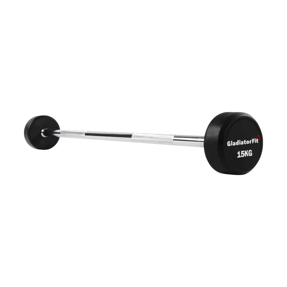 Langhantel Gummi. Schwarze Gummischeiben an beiden Enden. Silberne Stange. Aufschrift: GladiatorFit 15KG.