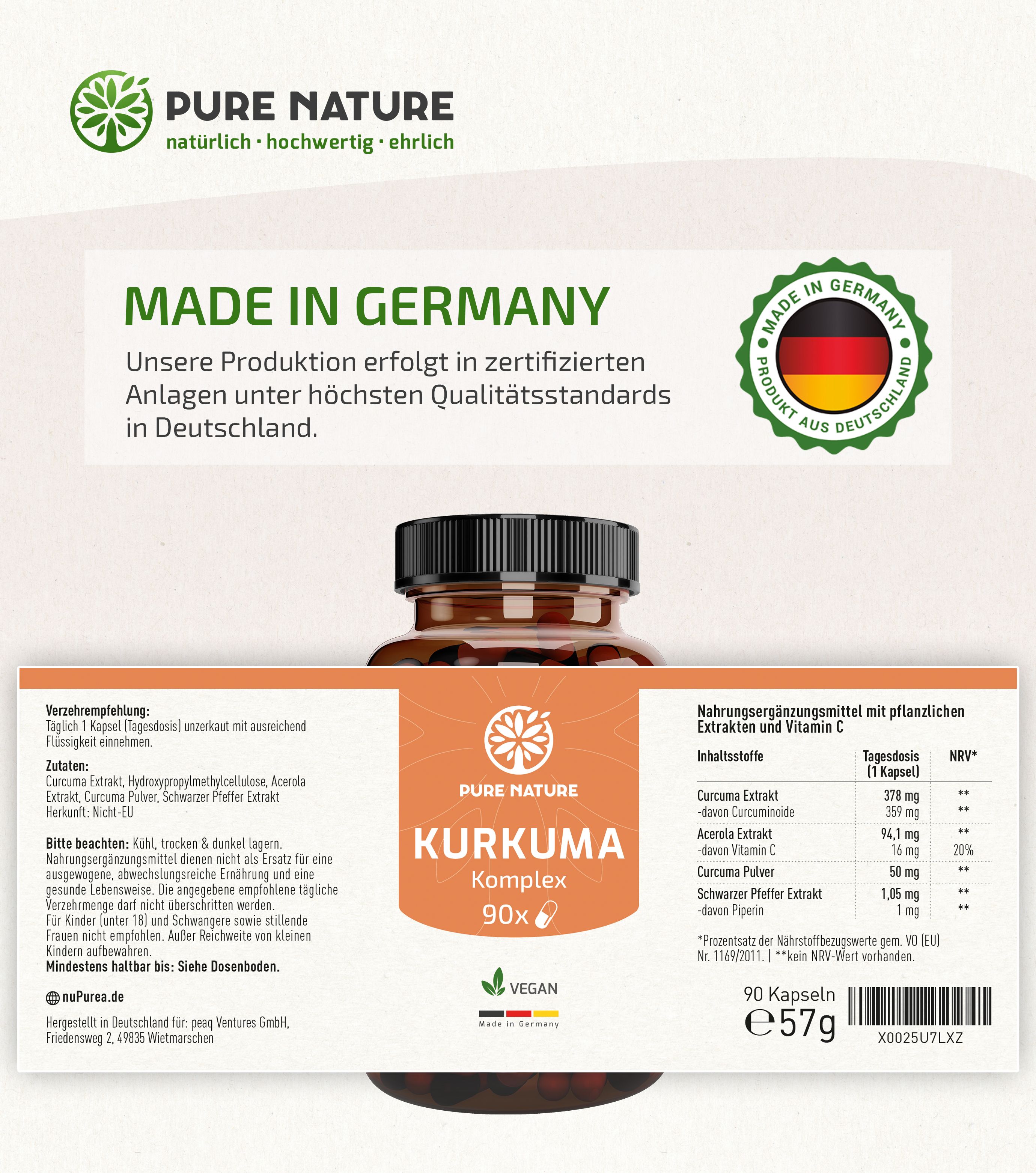 Flasche "Pure Nature Kurkuma Komplex 90x" mit "Made in Germany" Siegel und Nährwertangaben.