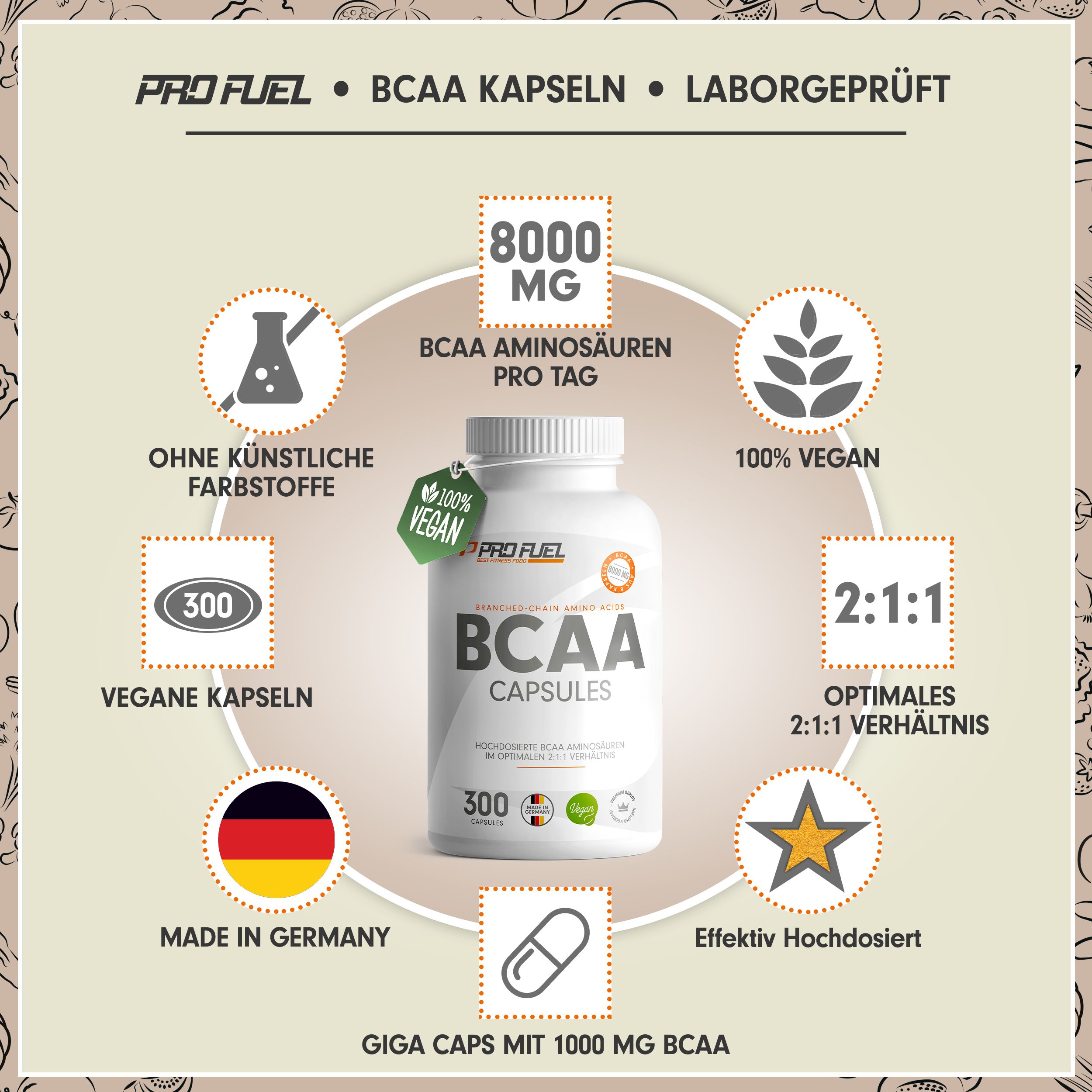 Weiße Flasche mit BCAA Kapseln. 300 Kapseln, 100% vegan, Laborgeprüft. Made in Germany. Enthält 8000 mg BCAA Aminosäuren pro Tag.