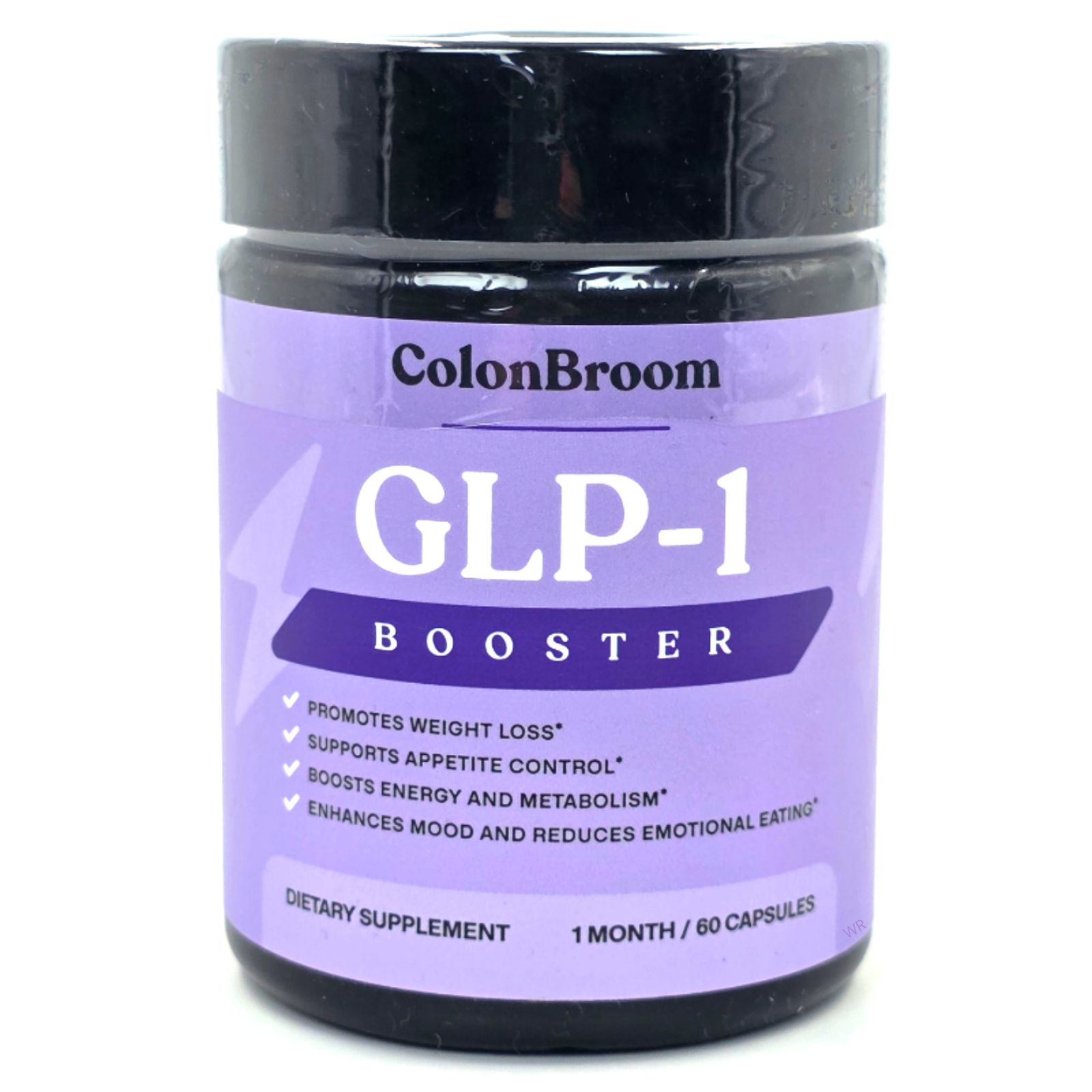 Zylindrische Dose mit lila Etikett. Aufschrift: ColonBroom, GLP-1 Booster. Enthält 60 Kapseln. Fördert Gewichtsverlust, Appetitkontrolle.