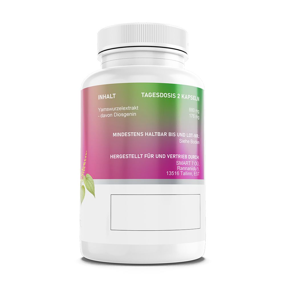 Rückseite einer weißen Flasche mit grün-rosa Etikett. Text: Inhalt, Tagesdosis 2 Kapseln. Yamswurzelextrakt. Mindestens haltbar bis.