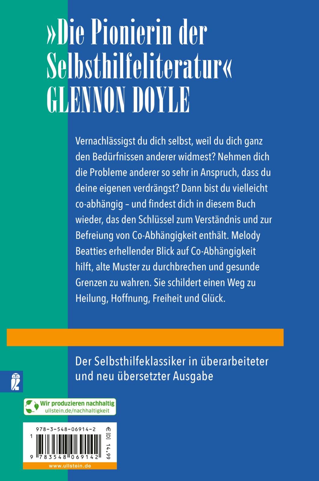 Buchrückseite mit blauem Hintergrund. Text über Co-Abhängigkeit. Autor: Glennon Doyle. Verlag: Ullstein. Nachhaltigkeitslogo.