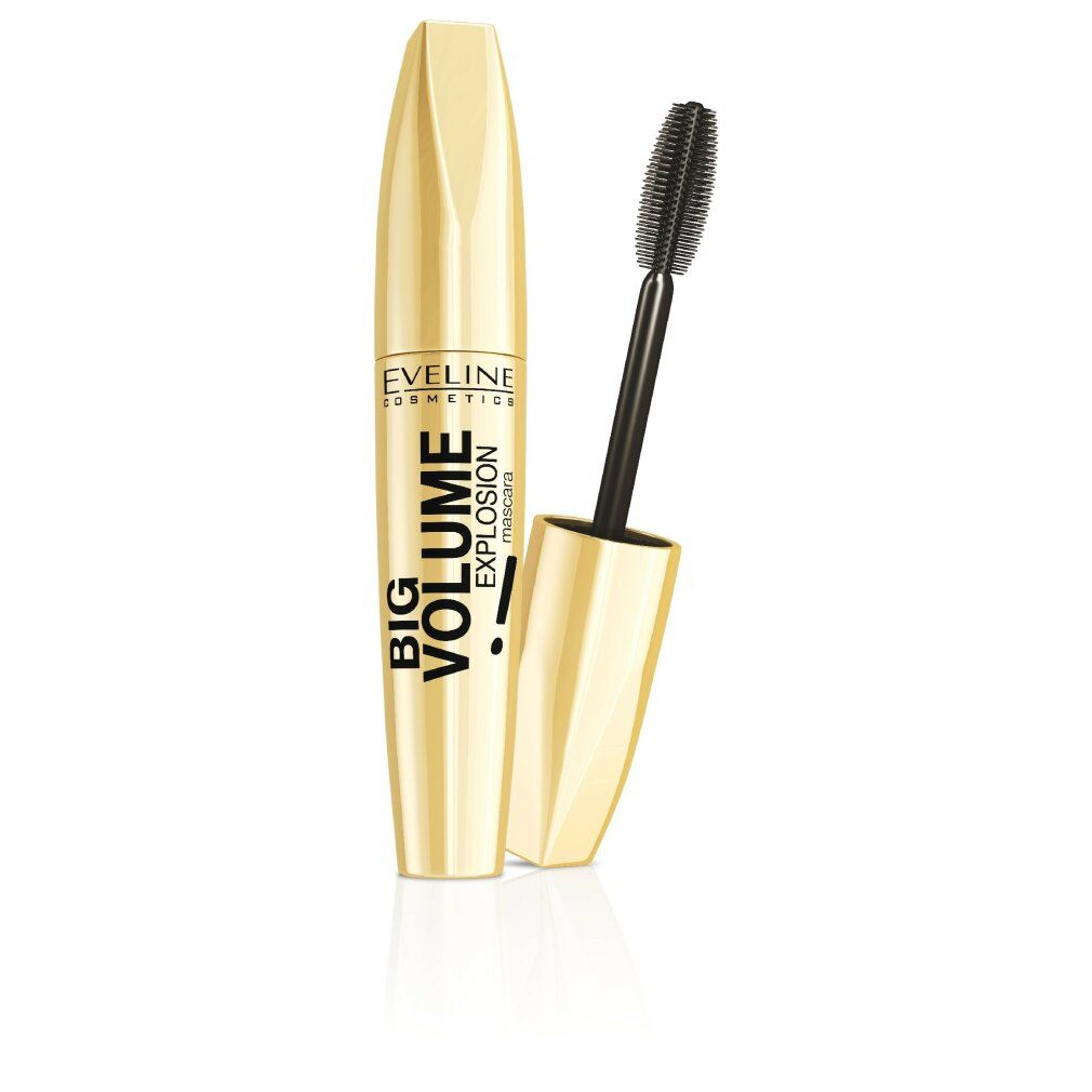 Goldene Mascarahülse mit schwarzer Schrift und Bürste. Text: BIG VOLUME EXPLOSION mascara.