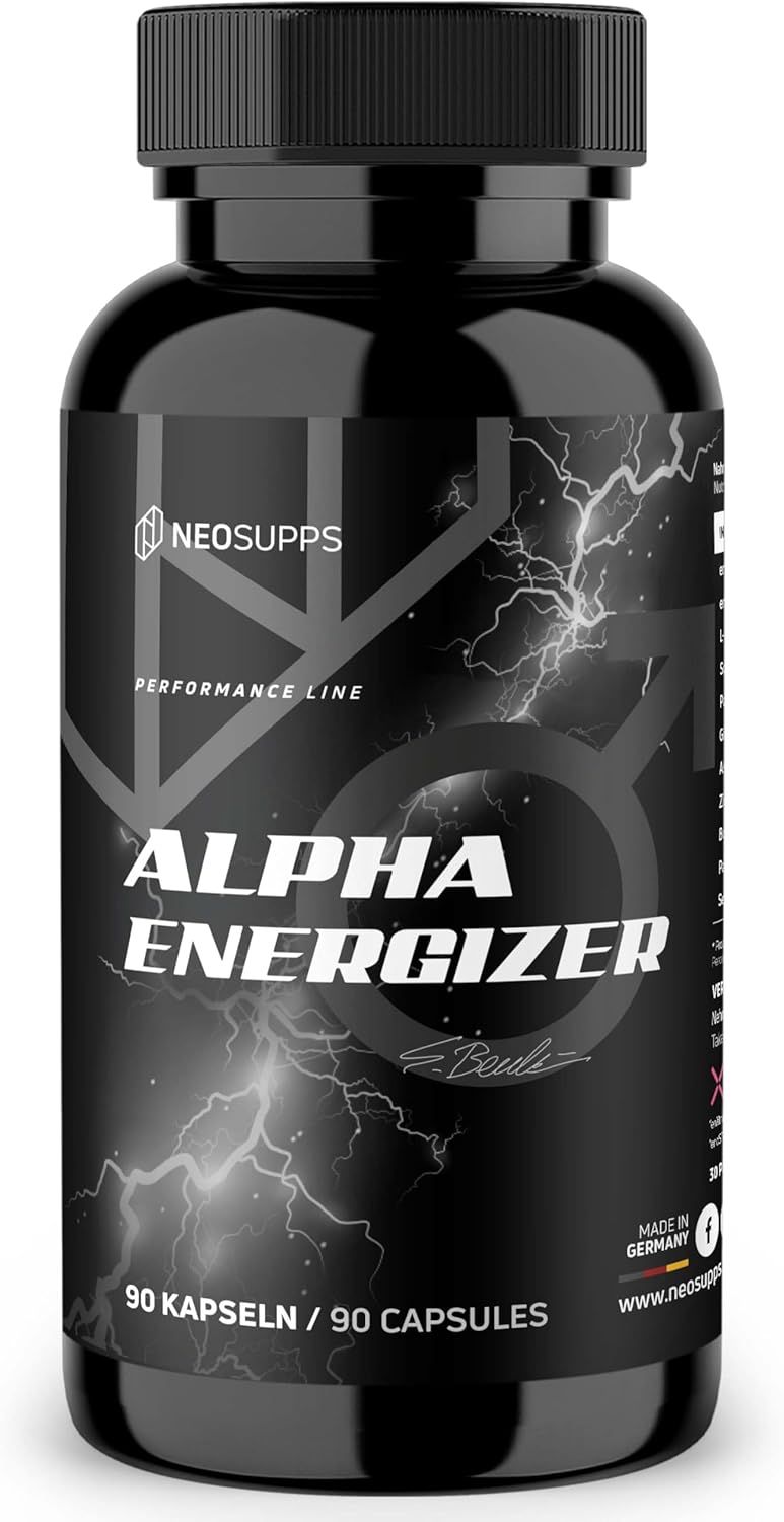 Schwarze Flasche "Alpha Energizer". Text: 90 Kapseln / 90 Capsules. Logo: Neosupps. Made in Germany.