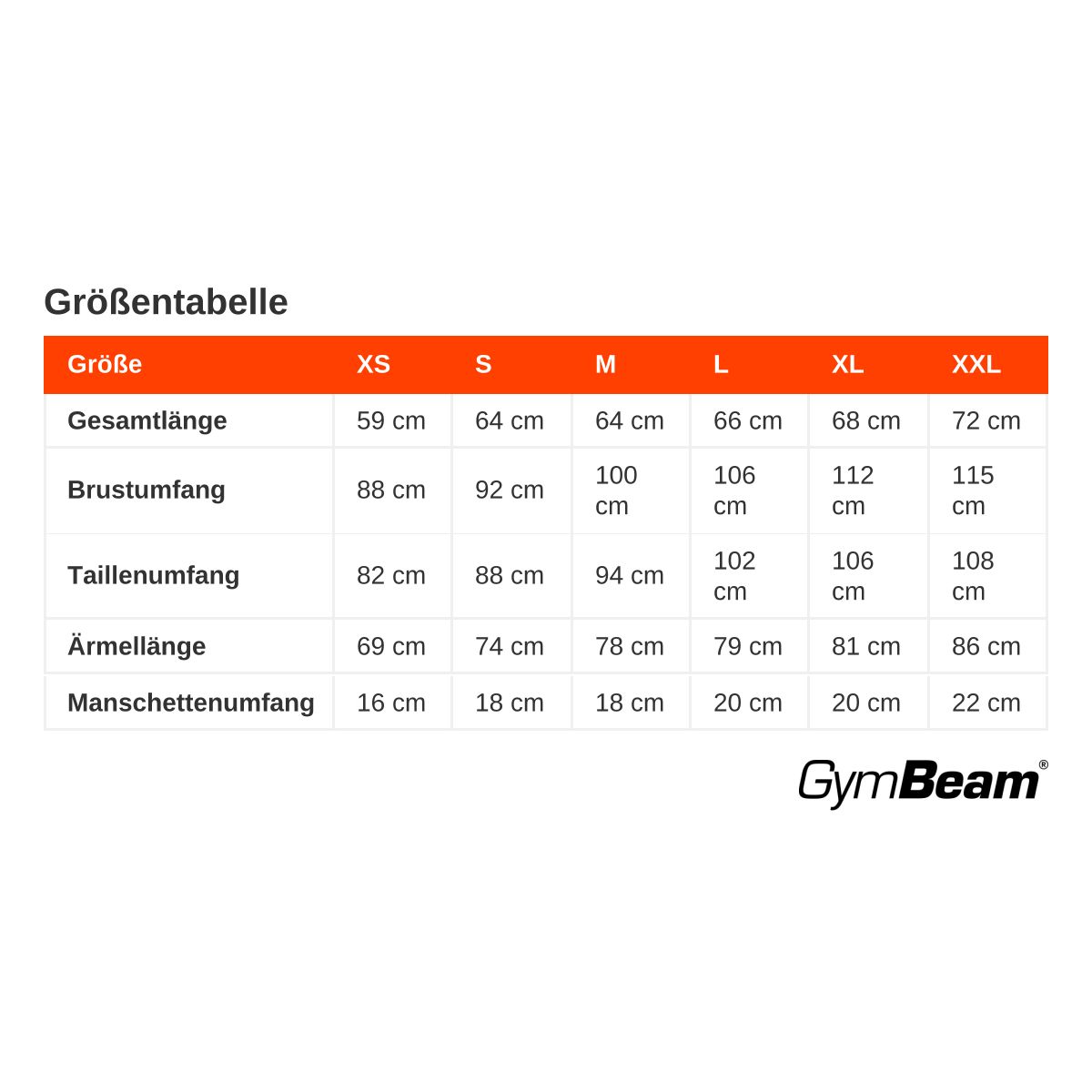 Größentabelle für Damen Hoodies: Gesamt-, Brust-, Taillen-, Ärmel- und Manschettenumfang.