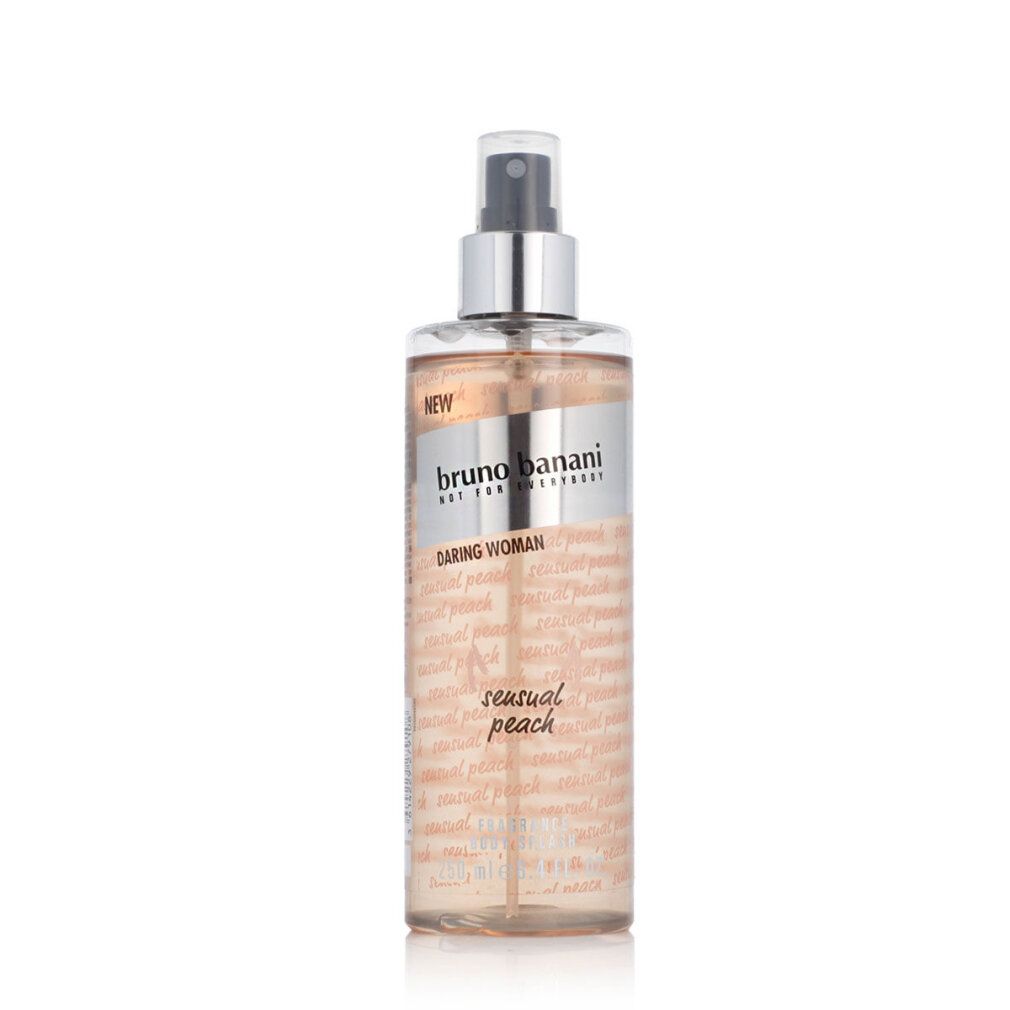 Körper-Bodyspray. Durchsichtige Flasche mit silbernem Sprühkopf. Aufschrift: bruno banani Daring Woman Sensual Peach.