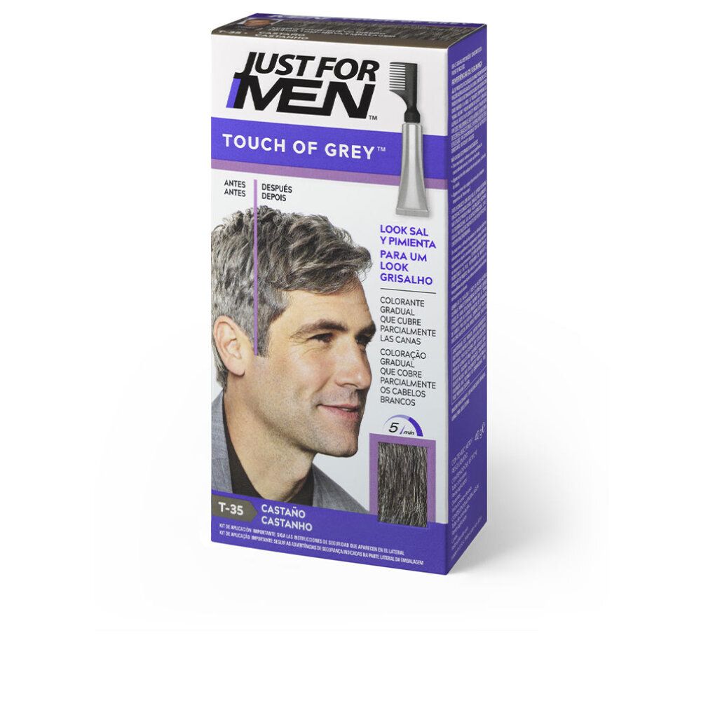 Schachtel mit "JUST FOR MEN TOUCH OF GREY". Abbildung eines Mannes mit grauem Haar. Enthält eine Tube und einen Kamm.