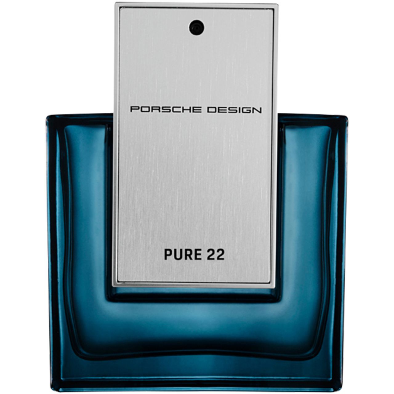 Blaues Parfumflakon mit silbernem Deckel. Aufschrift: PORSCHE DESIGN, PURE 22. Der Flakon steht vor einem weißen Hintergrund.