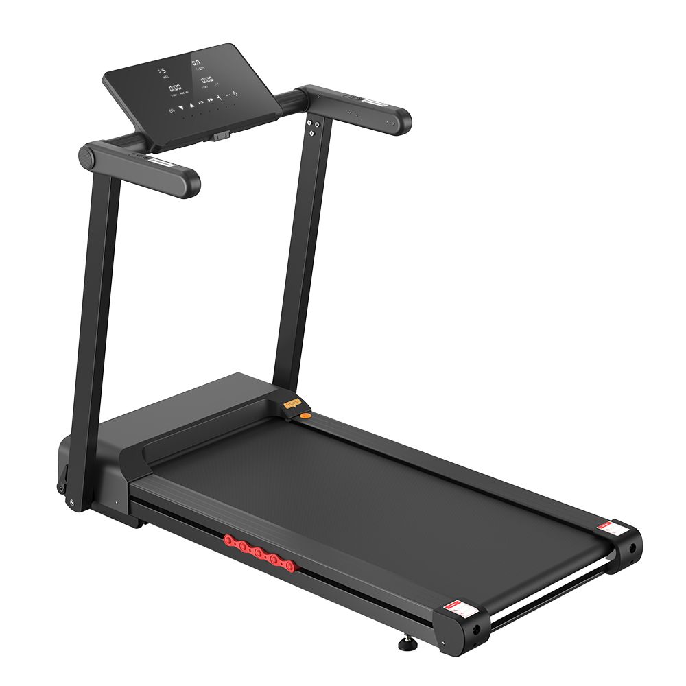 Schwarzes, klappbares Laufband. Konsole mit Display und Bedienelementen. Rote Akzente.