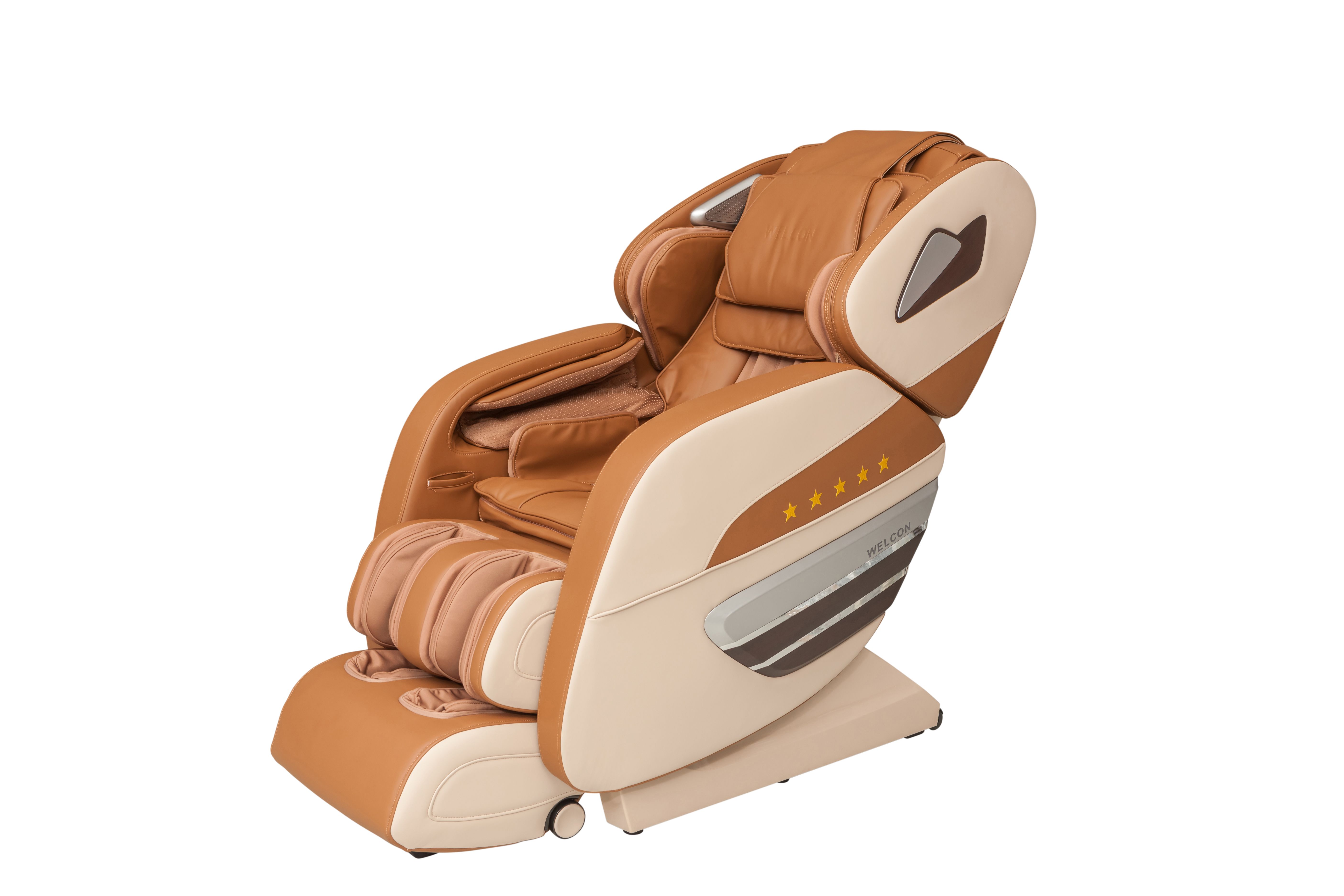 Massagesessel, braunes Leder, beige Akzente. Armlehnen, Kopfstütze, Fußstütze. Seitliche Bedienelemente. Rollen an der Basis.