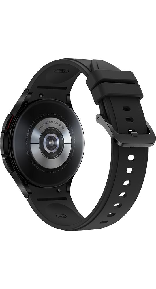 Rückseite einer schwarzen Smartwatch. Sensoren und Informationen auf der Rückseite. Schwarzes Armband.