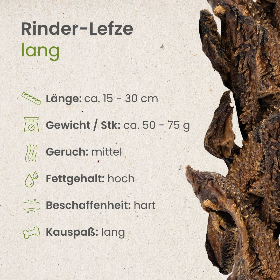 Lange Rinderlefzen: Länge 15-30 cm, Gewicht 50-75g, hart.