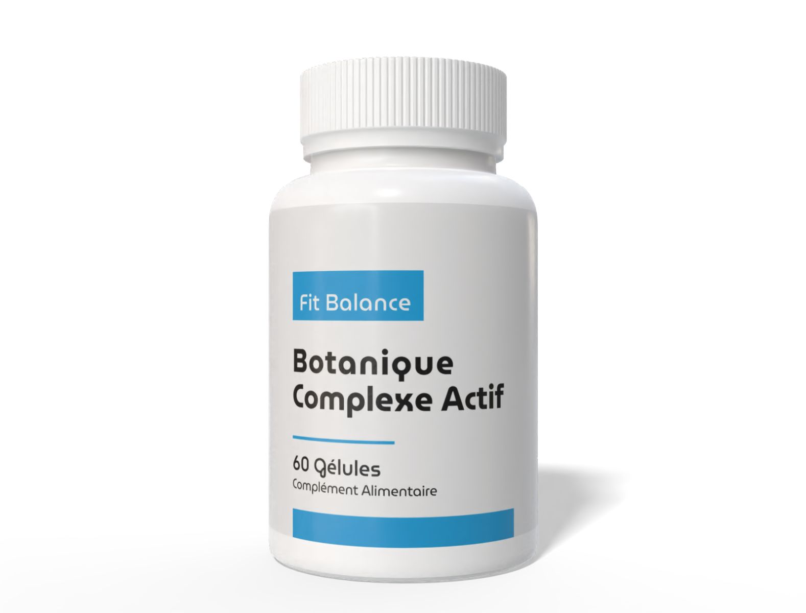 Weiße Flasche mit blauem Etikett. Aufschrift: Fit Balance, Botanique Complexe Actif, 60 Gélules. Nahrungsergänzungsmittel.