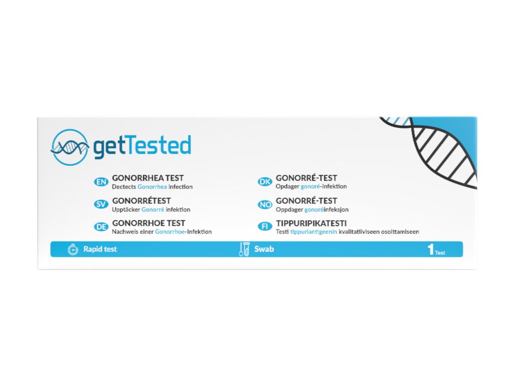 Schachtel mit Produktinformationen. Enthält Text in verschiedenen Sprachen, darunter Deutsch, Englisch und Französisch. Marke: GetTested.