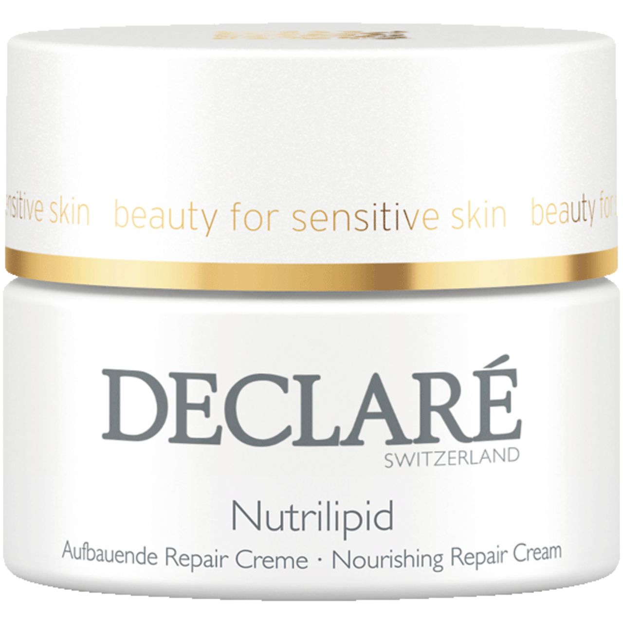 Weißer Tiegel mit goldfarbenem Deckel. DECLARÉ-Logo und Produktname Nutrilipid. Aufschrift: Aufbauende Repair Creme.