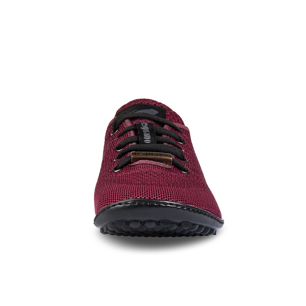 Weinroter Barfußschuh mit schwarzer Sohle und Schnürsenkeln. Das Leguano-Logo ist sichtbar.