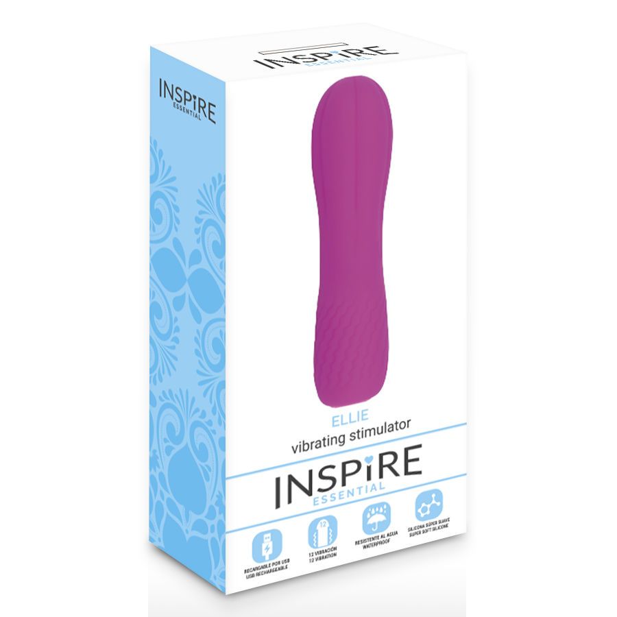 Verpackung mit rosa Vibrator. Text: INSPIRE, ELLIE vibrating stimulator. Icons: wasserdicht, phthalatfrei.