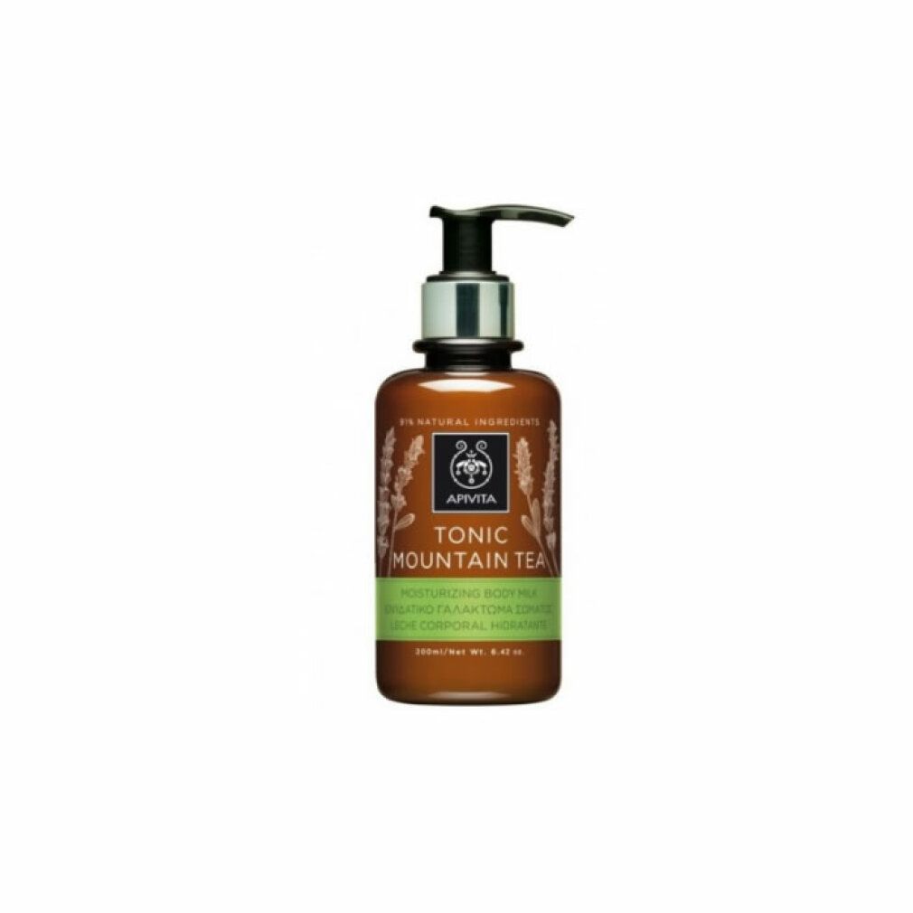 Braune Flasche mit silbernem Pumpkopf. Aufschrift: APIVITA, TONIC MOUNTAIN TEA, Lait Corps Hydratant. 200 ml.