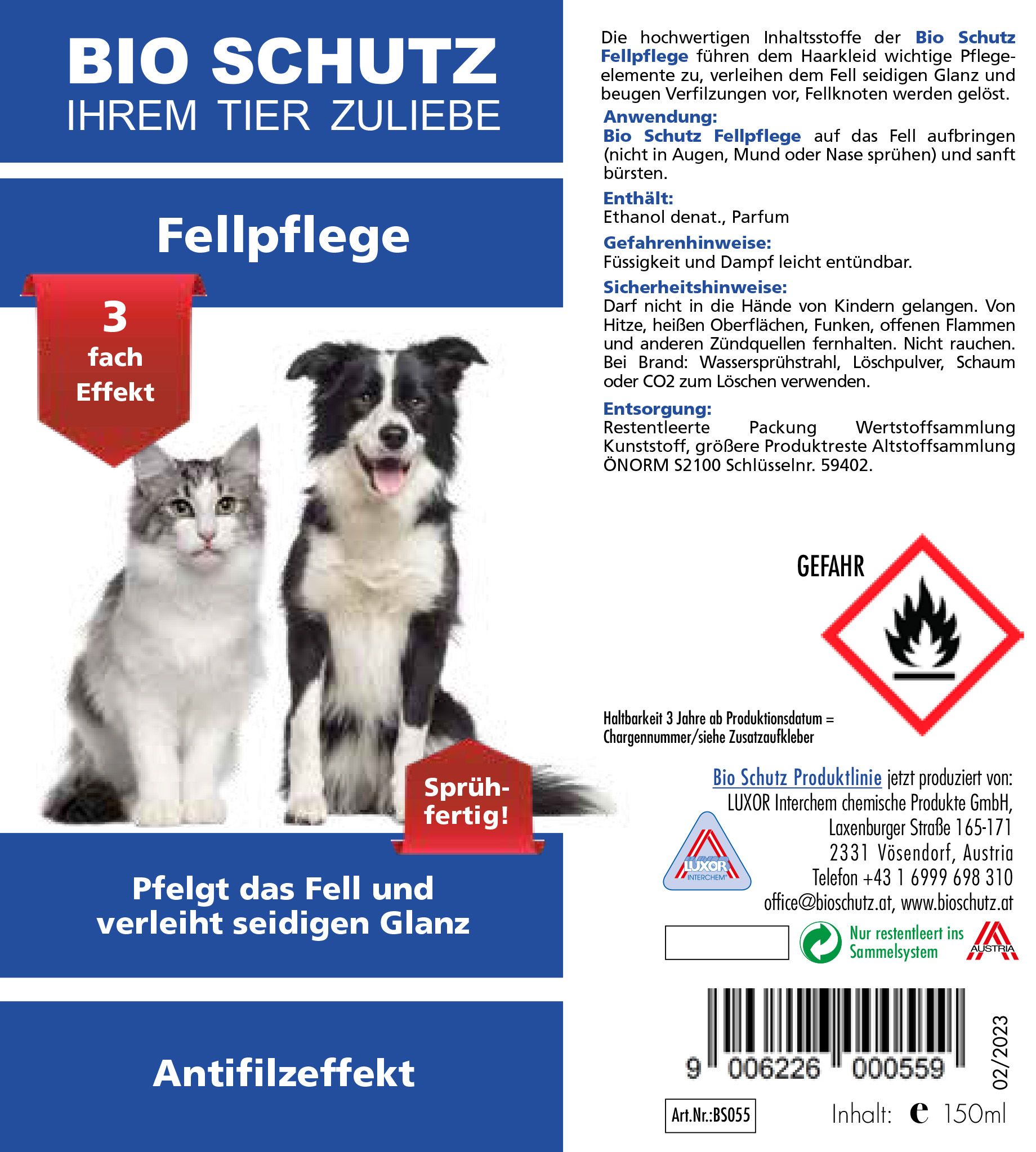 Etikett mit Text und Abbildungen. Aufschrift: BIO SCHUTZ, Fellpflege. Abbildung von Katze und Hund. Text: Antifilzeffekt.