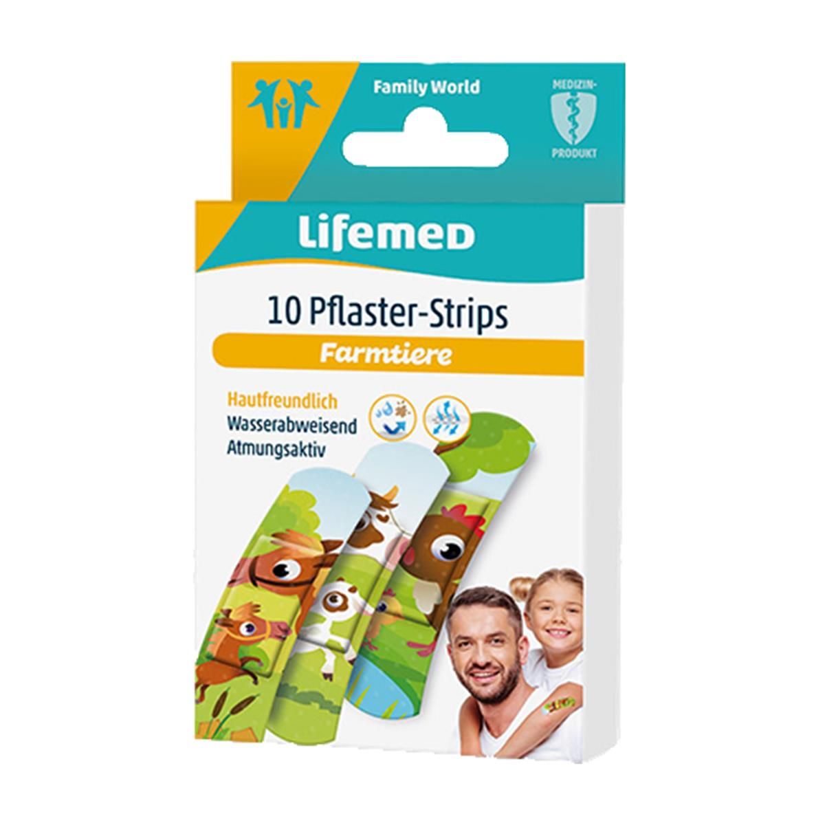 Verpackung mit Pflaster-Strips. Aufschrift: Lifemed, 10 Pflaster-Strips, Farmtiere. Hautfreundlich, wasserabweisend, atmungsaktiv. Abbildung von Pflastern mit Tiermotiven.