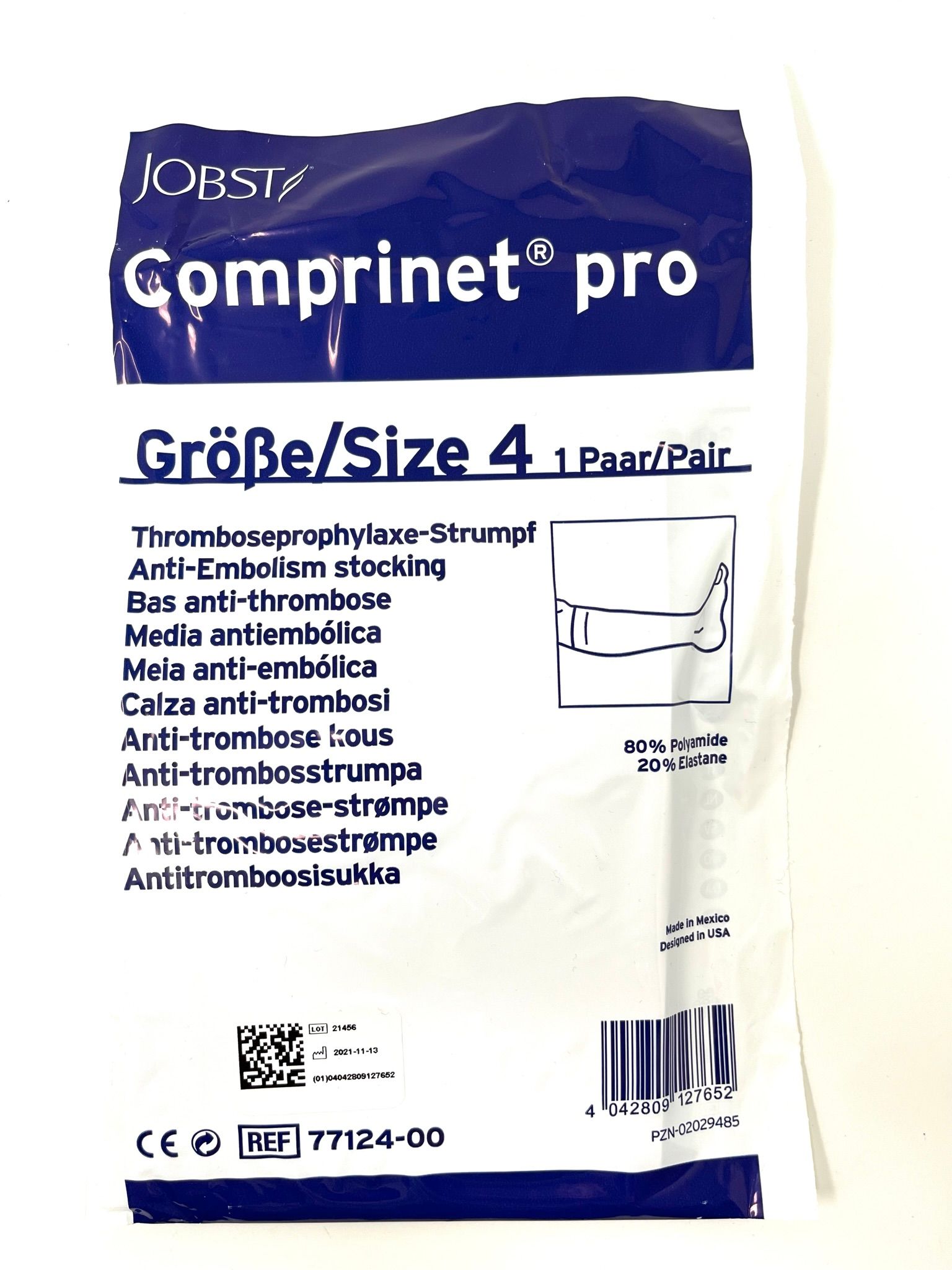 Verpackung mit Komprinet Pro, Größe 4, Anti-Embolie-Strumpf. Illustration eines Beins. Text: Jobst, 1 Paar, 80% Polyamid, 20% Elasthan.