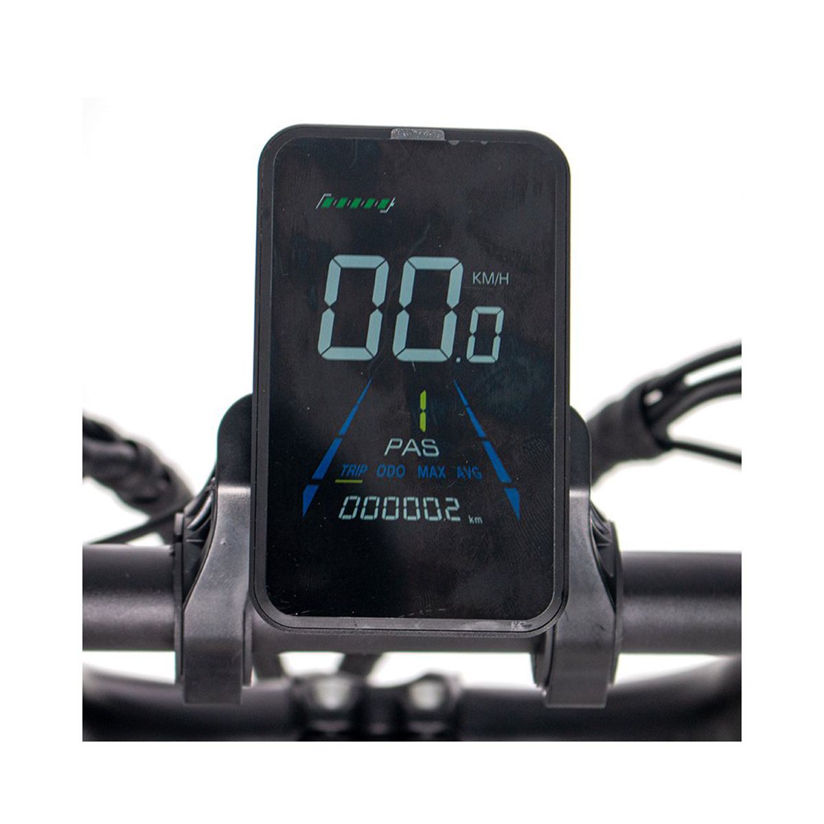 Digitales Display mit Geschwindigkeitsanzeige, KMH, PAS, und Kilometerstand. Schwarzer Rahmen.