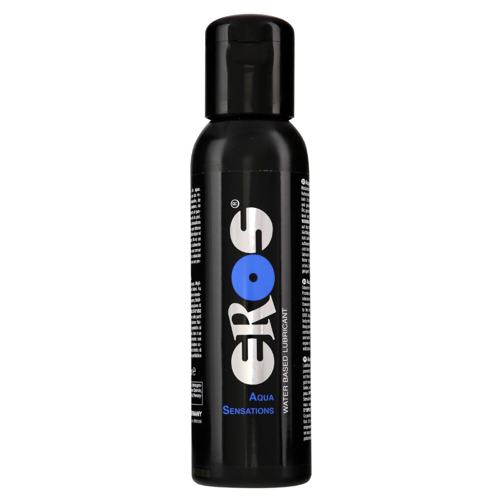 Schwarze Flasche mit Klappverschluss. Aufschrift "eros" in Weiß und Blau. Text: "Aqua Sensations".