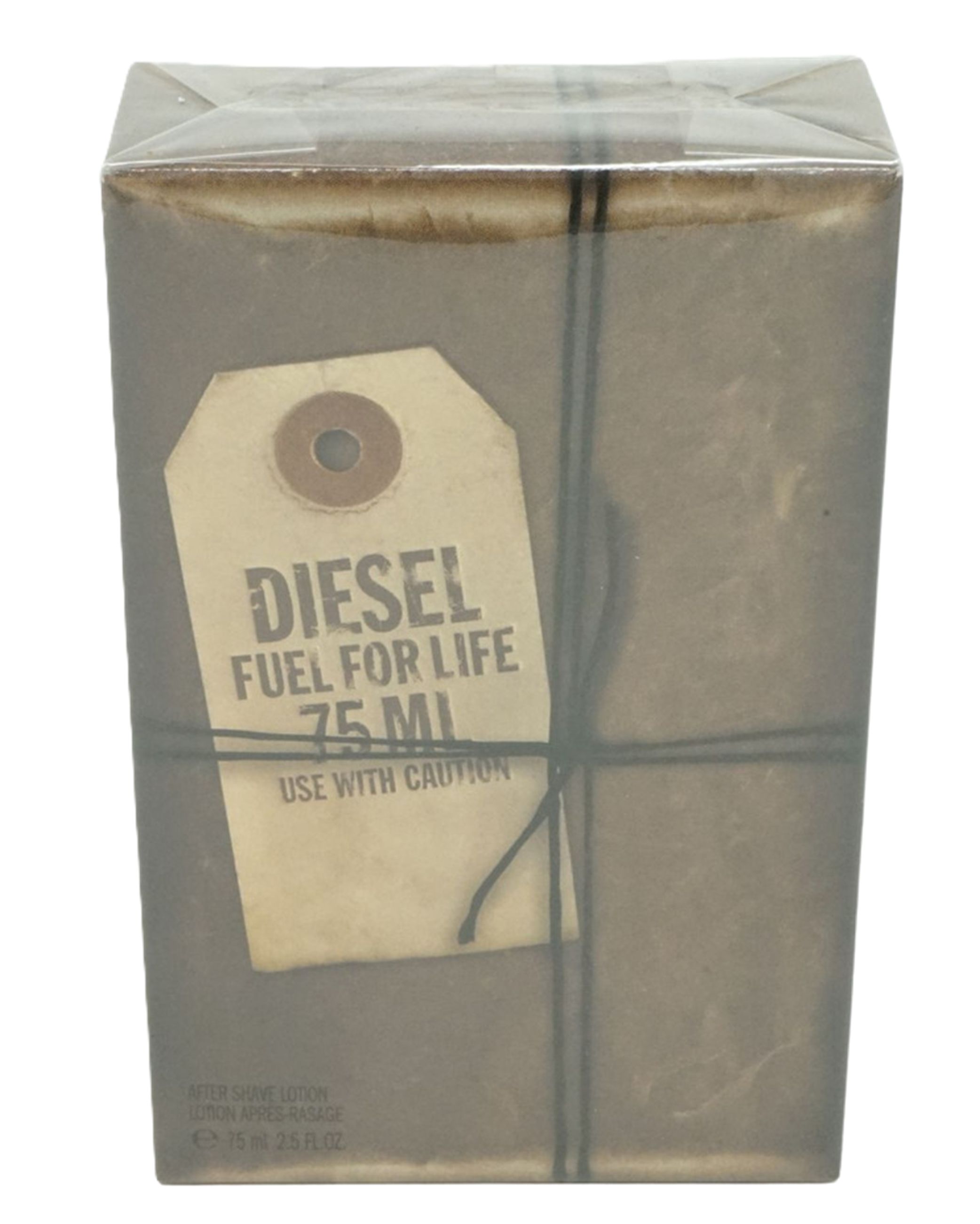 After Shave Lotion in rechteckiger Verpackung. Auf braunem Etikett steht "DIESEL FUEL FOR LIFE 75 ML". Mit schwarzer Schnur umwickelt.