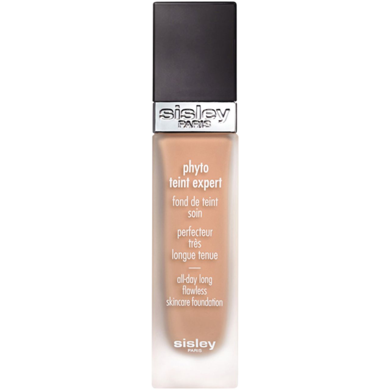 Sisley Phyto-Teint Expert. Flasche mit schwarzem Deckel. Text: 'all-day long flawless skincare foundation'.