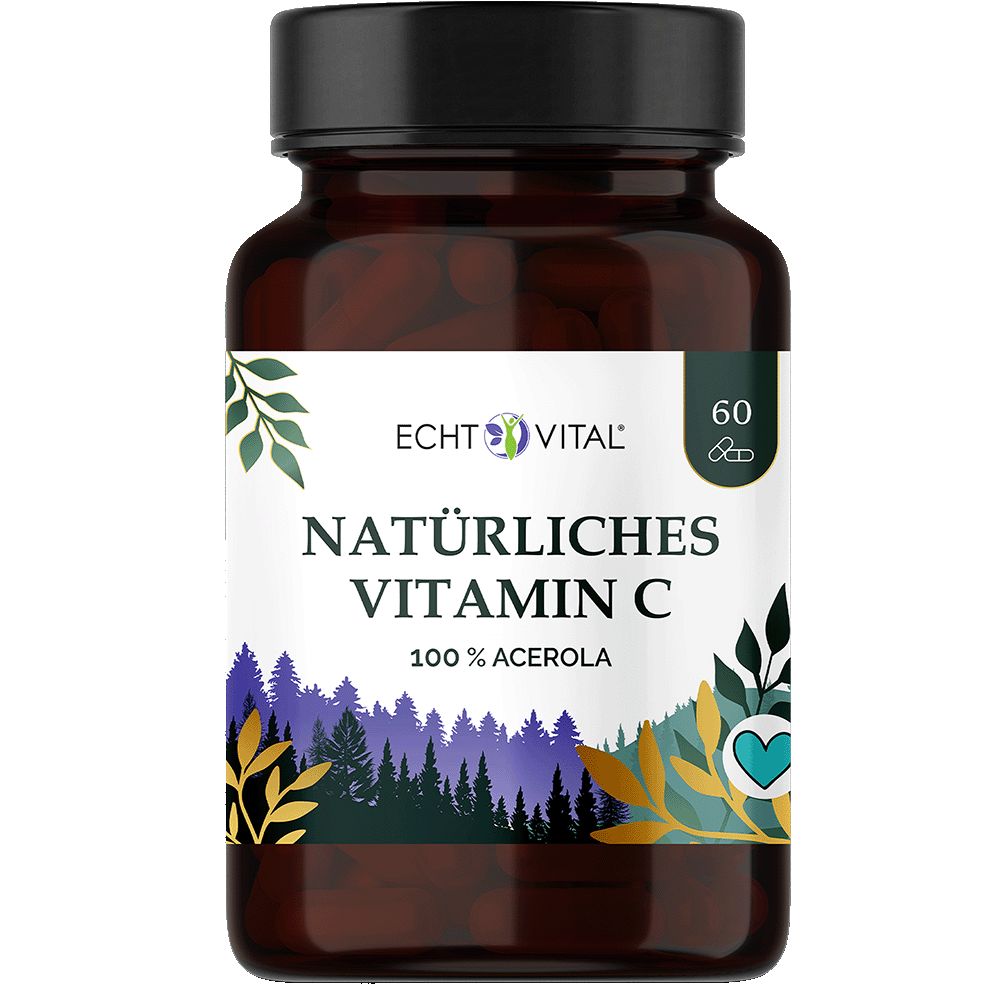 Braune Glasflasche mit Echt Vital Natürliches Vitamin C, 60 Kapseln, 100% Acerola.