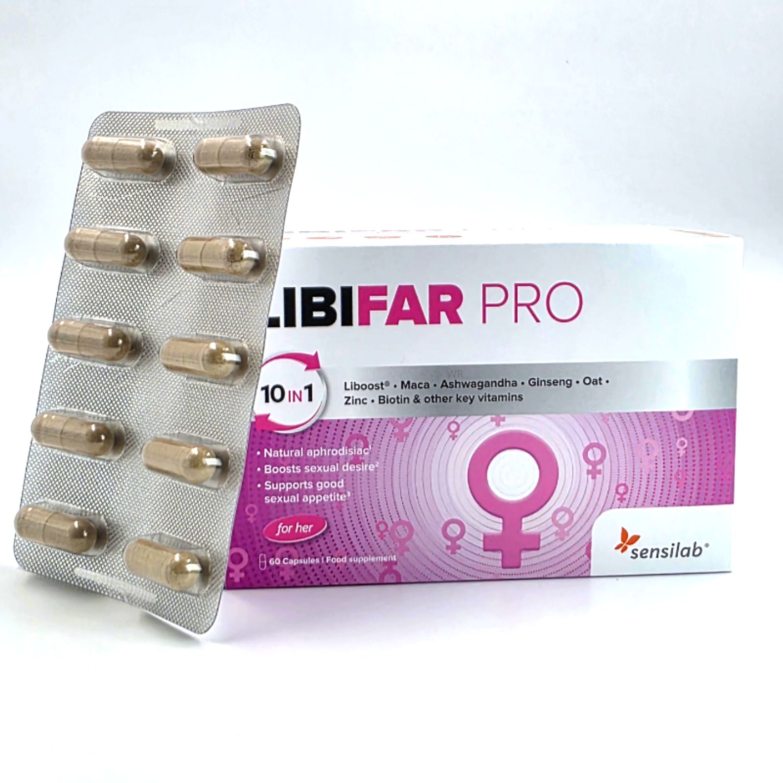 LIBIFAR PRO-Verpackung mit Blisterpackung. Kapseln in Blisterpackung. Weißer Karton mit pinkfarbenem Design. Sensilab-Logo.