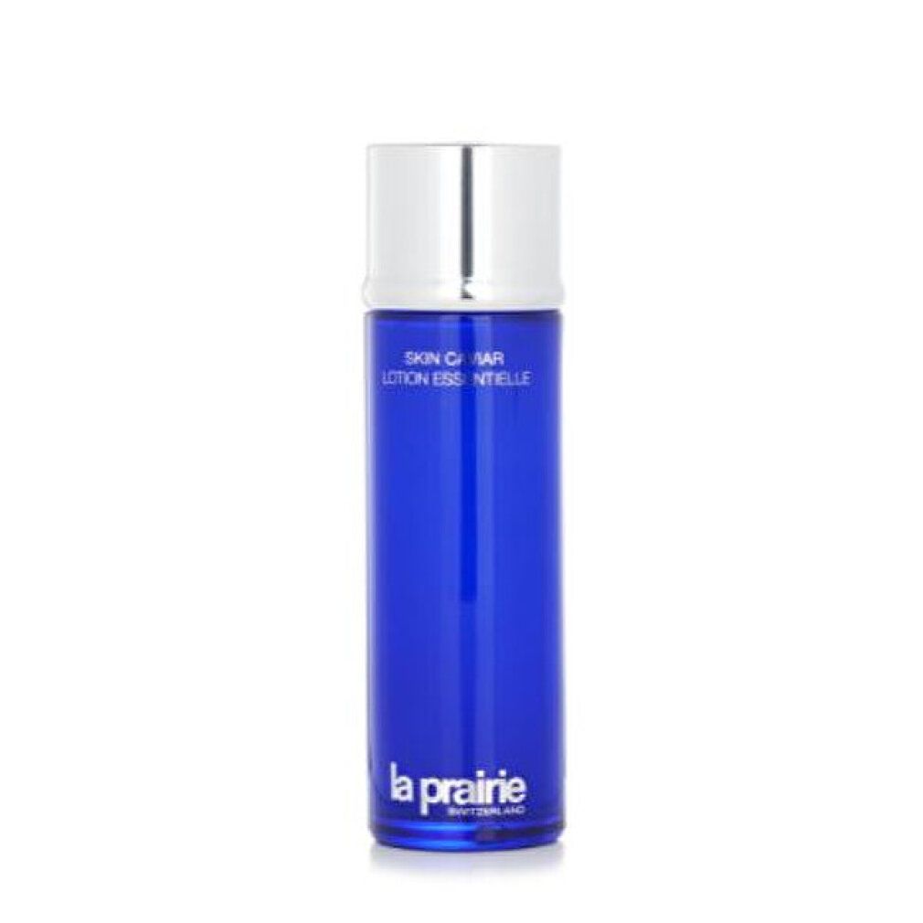 La Prairie Skin Caviar Essence-in-Lotion Flasche, blaue Glasflasche, silberner Deckel.