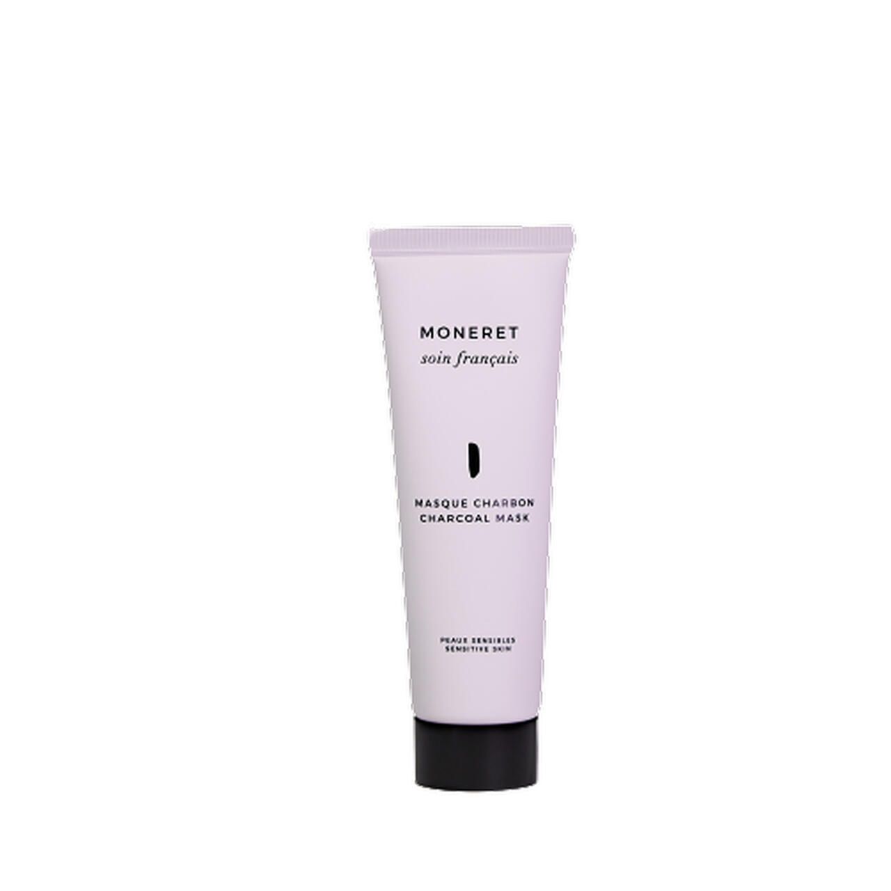 Tube mit Produkttext: Moneret, Masque Charbon, Charcoal Mask. Schwarzer Verschluss, weißer Tubenkörper.