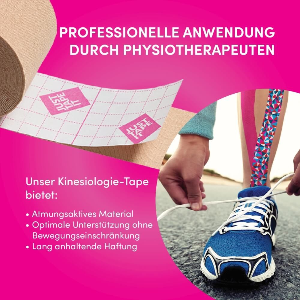 Kinesiotape-Anwendung am Hals mit blauen und gemusterten Streifen.