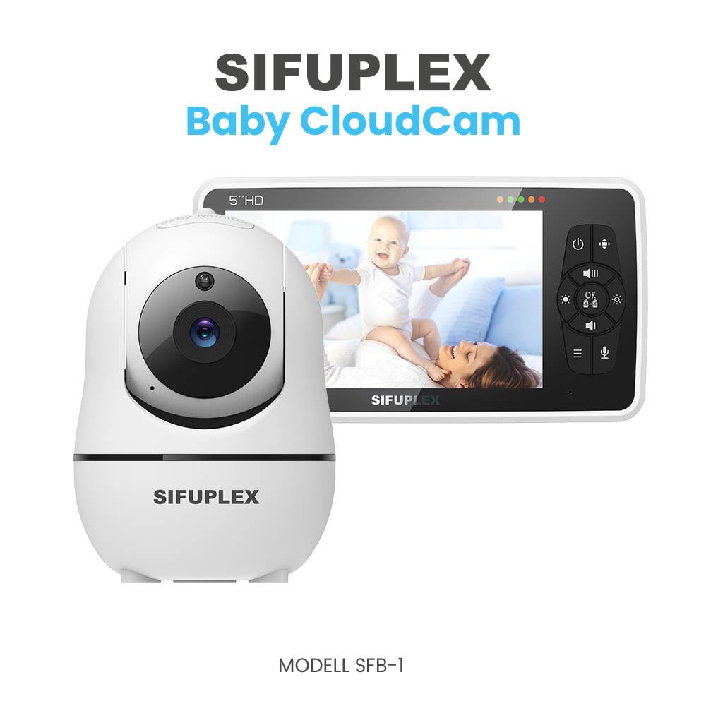 Babyphone mit Kamera. Weißes Gerät mit Kamera und Bildschirm. Auf dem Bildschirm ist ein Baby zu sehen. Modell SFB-1.