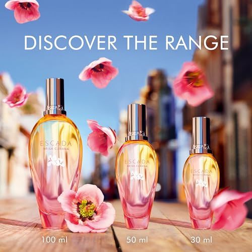 Drei Flakons mit gelb-rosa Farbverlauf, silbernen Verschlüssen. Aufschrift: ESCADA Brisa Cubana. Blüten.