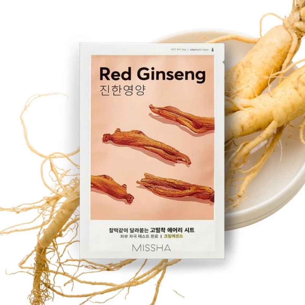Verpackung "Red Ginseng" mit Ginseng-Wurzeln und Blättern. Marke: MISSHA.