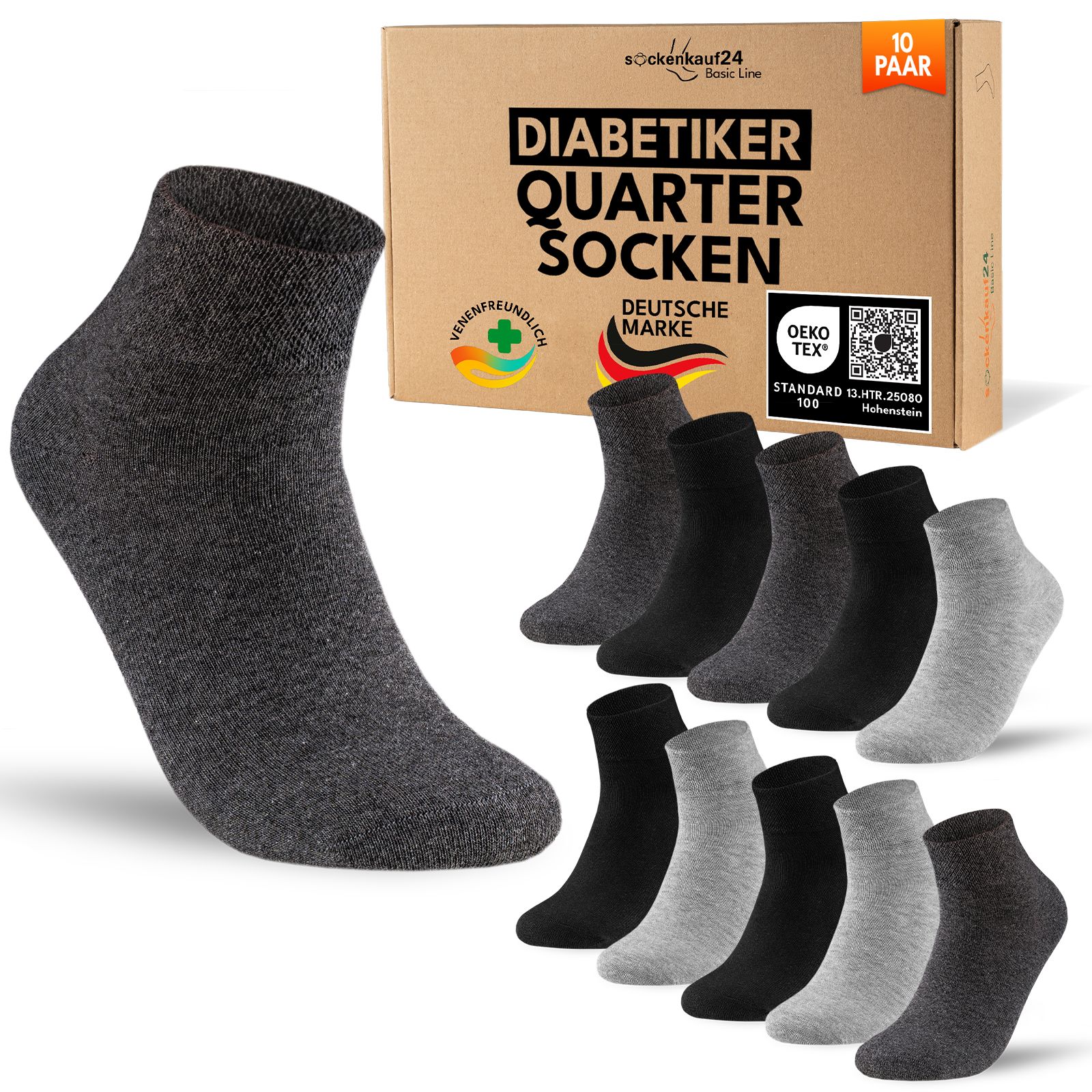 Diabetiker Quarter Socken mit Komfortbund ohne Gummi & Naht für Damen und Herren 10 Pk
