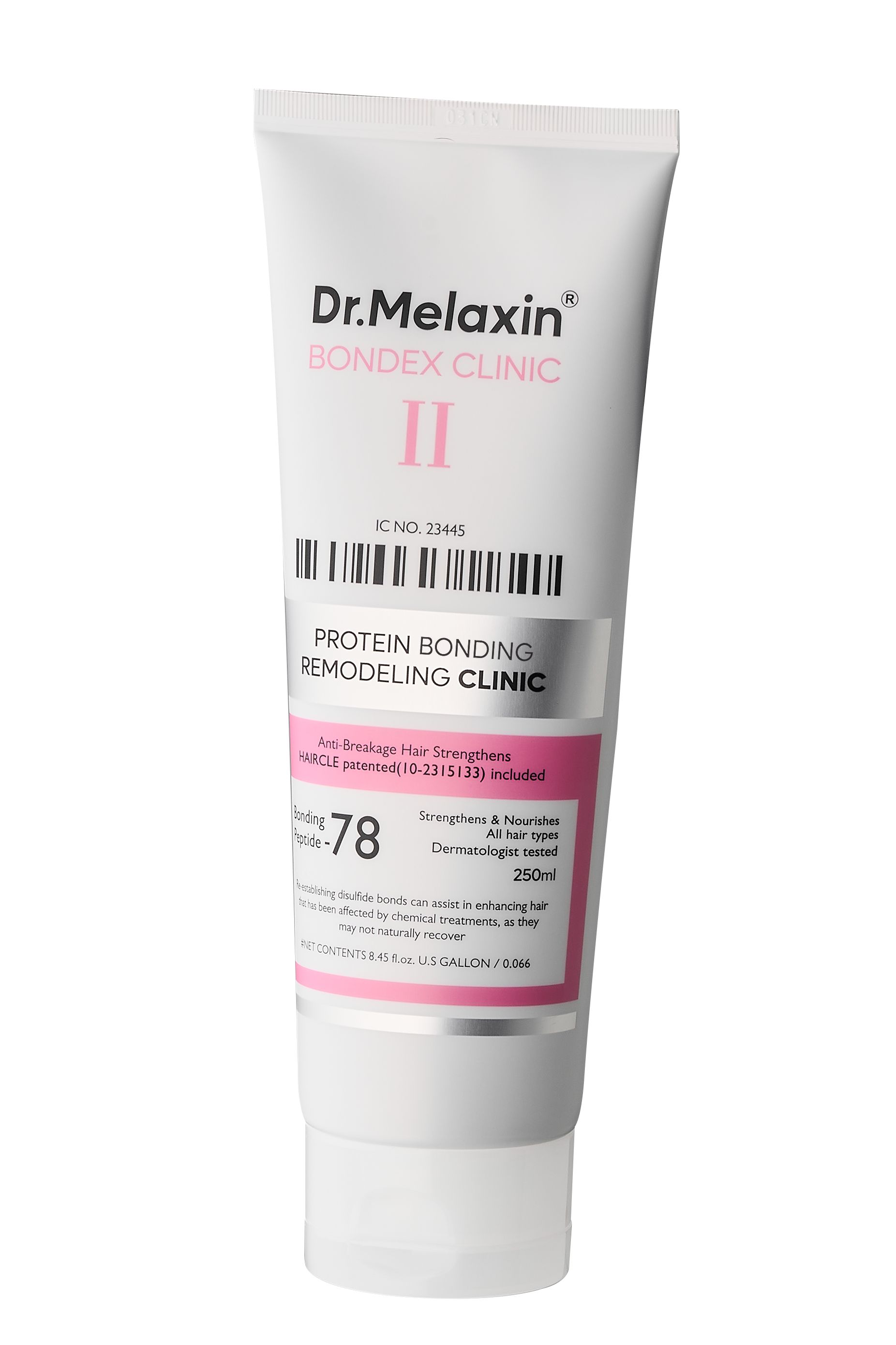 Weiße Tube mit rosa Etikett. Aufschrift: Dr.Melaxin Bondex Clinic II. Text: Protein Bonding Remodeling Clinic. Barcode und weitere Informationen.