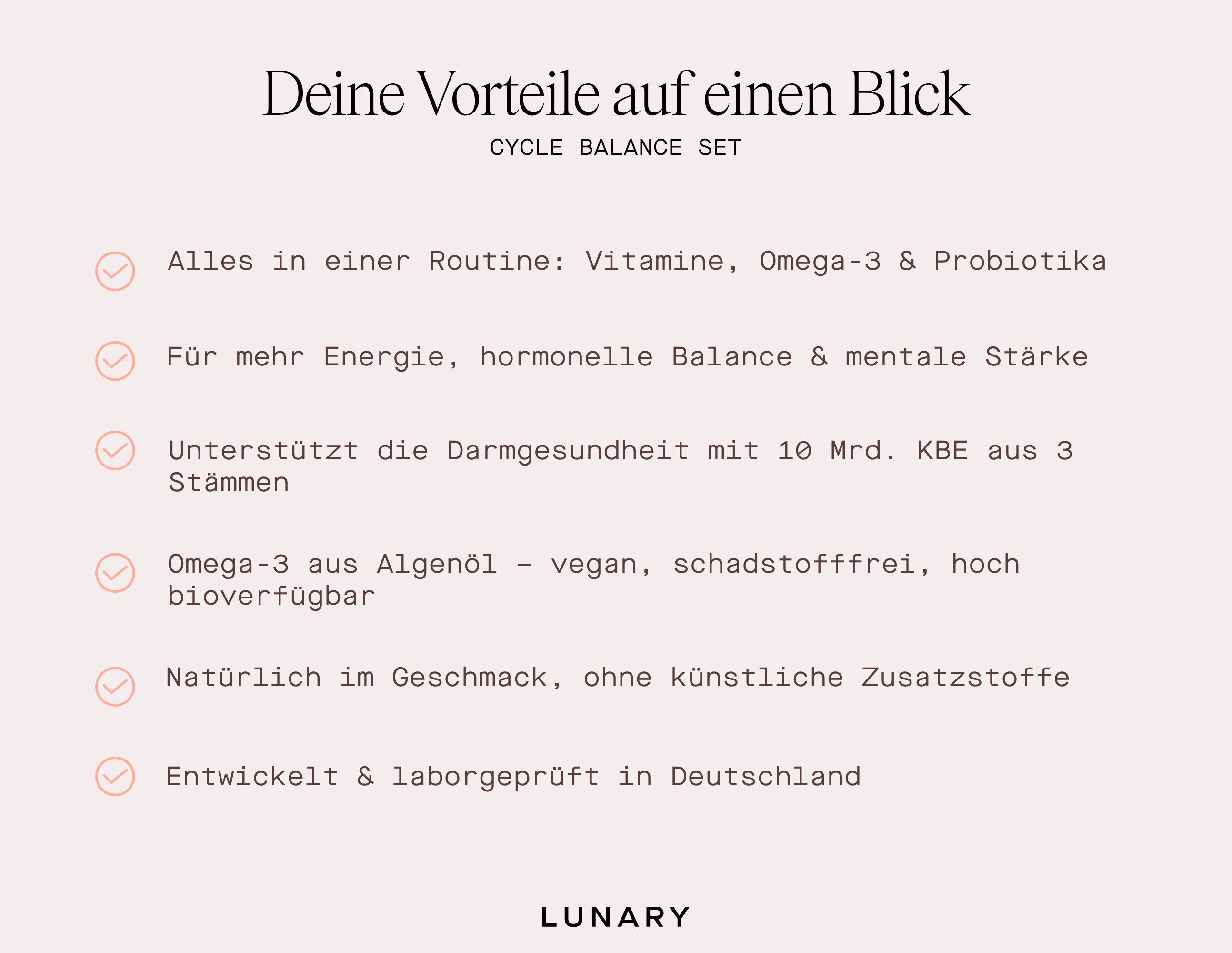 Infografik. Deine Vorteile auf einen Blick. Text über Vitamine, Energie, Darmgesundheit, Omega-3 und Inhaltsstoffe.