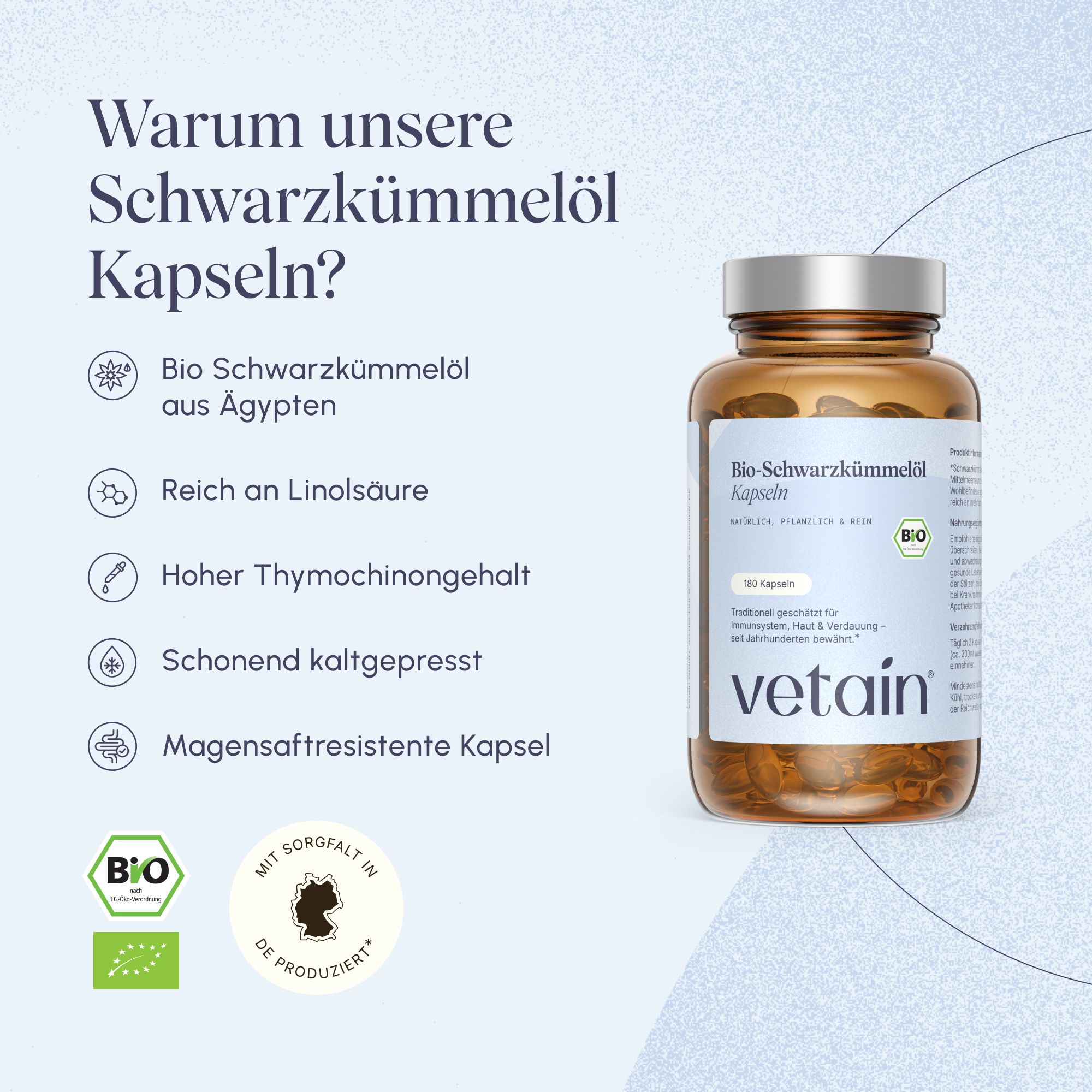 VETAIN Bio Schwarzkümmelöl Kapseln Flasche mit Liste der Vorteile und BIO-Siegel.