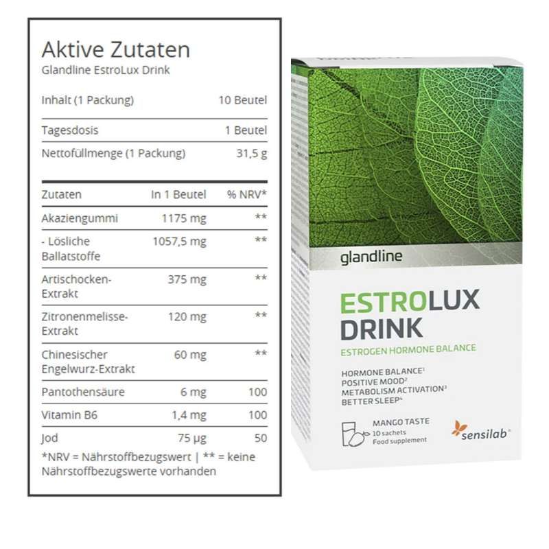 Karton "EstroLux Drink" neben Tabelle mit Inhaltsstoffen. Grün-weißes Design. Tabelle zeigt Inhaltsstoffe und Nährwerte pro Beutel.