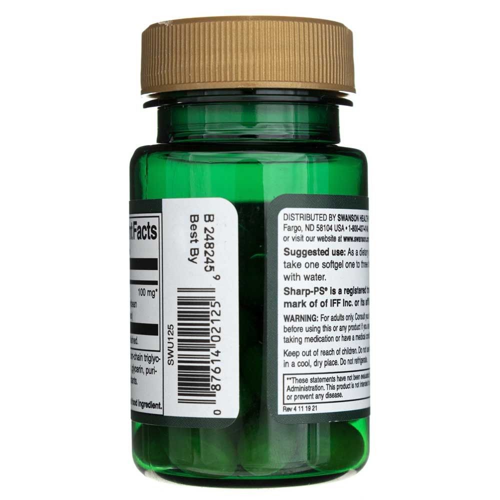Seite einer Swanson Phosphatidylserin 100 mg Softgel Flasche mit Barcode und Verteilernummer.