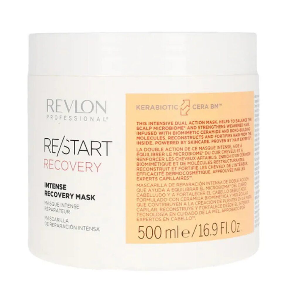 Weißer Tiegel mit Produktaufschrift. Text: Revlon Professional, Re/Start Recovery, Intense Recovery Mask. 500 ml.