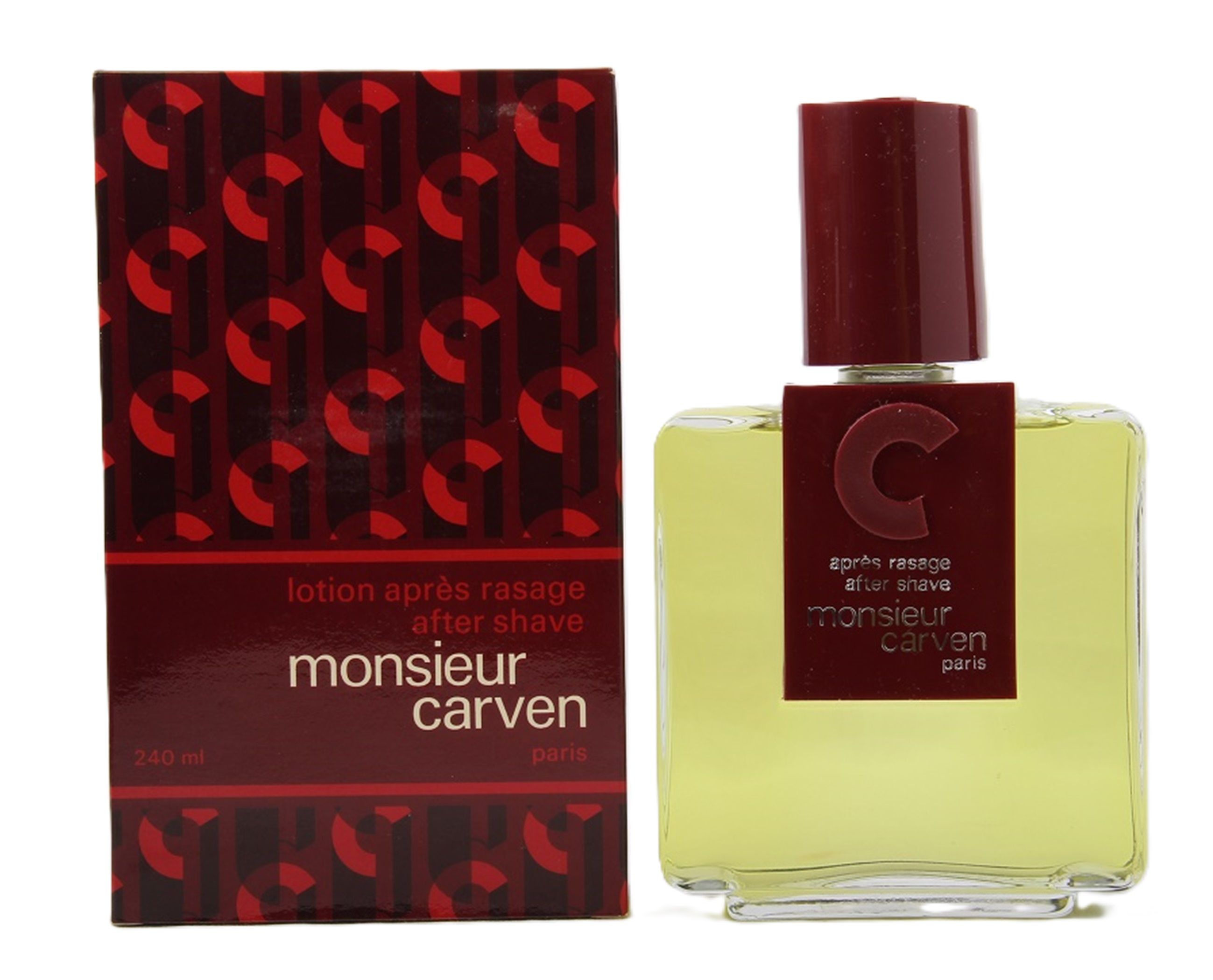 After Shave Lotion von Monsieur Carven. Flakon und Verpackung. Rechteckiger Flakon mit rotem Verschluss. Rote Verpackung mit Muster.