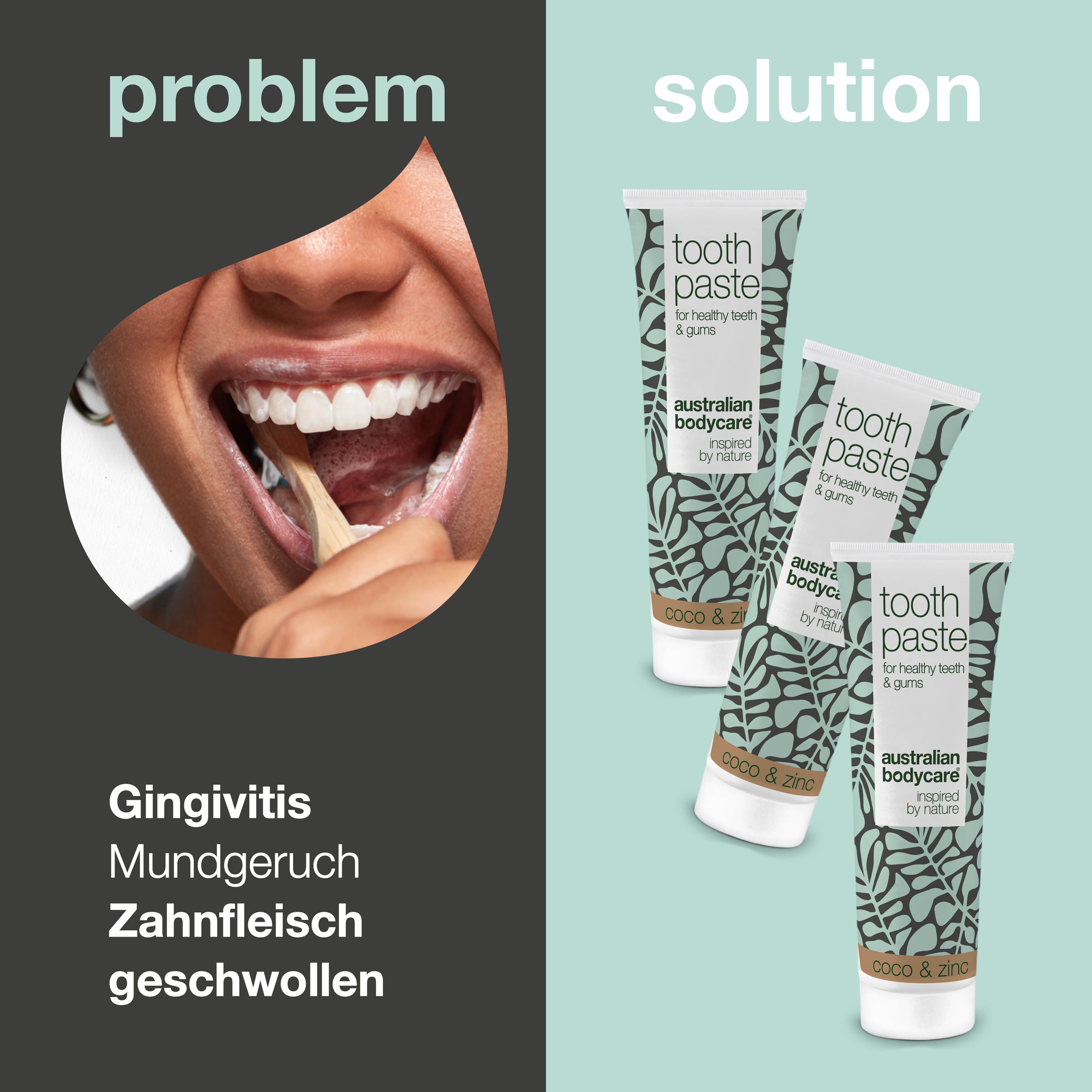 Problem-Lösung-Konzept. Frau putzt sich die Zähne. Daneben drei Tuben Zahnpasta. Aufschrift: Australian Bodycare.