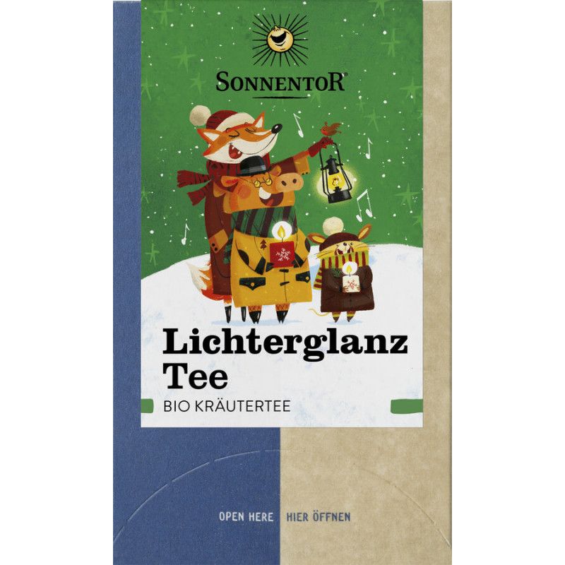 Verpackung von Sonnentor Lichterglanz Tee. Grün, mit Illustrationen von Tieren. Text: Lichterglanz Tee, Bio Kräutertee. Logo: Sonne.