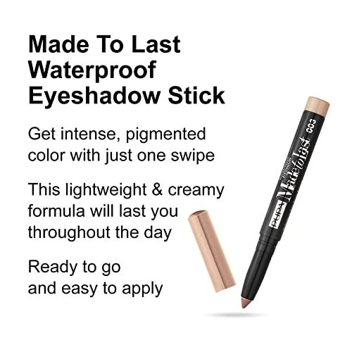 Text mit Produktnamen und Beschreibung. Schwarzer Stift mit Produktnamen und Farbnummer. Beige-braune Farbe.